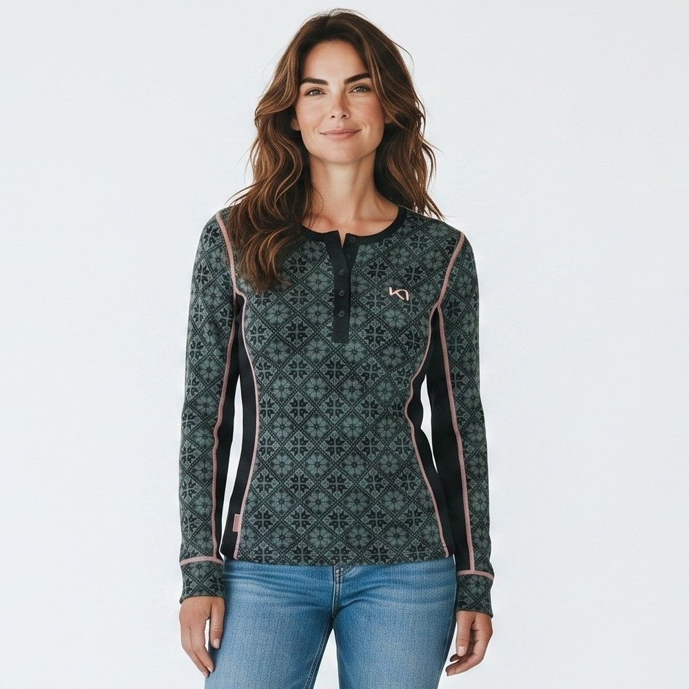 Kari Traa Rose Henley 100% Merino Wool Base Layer Top Green Nordic Women Small